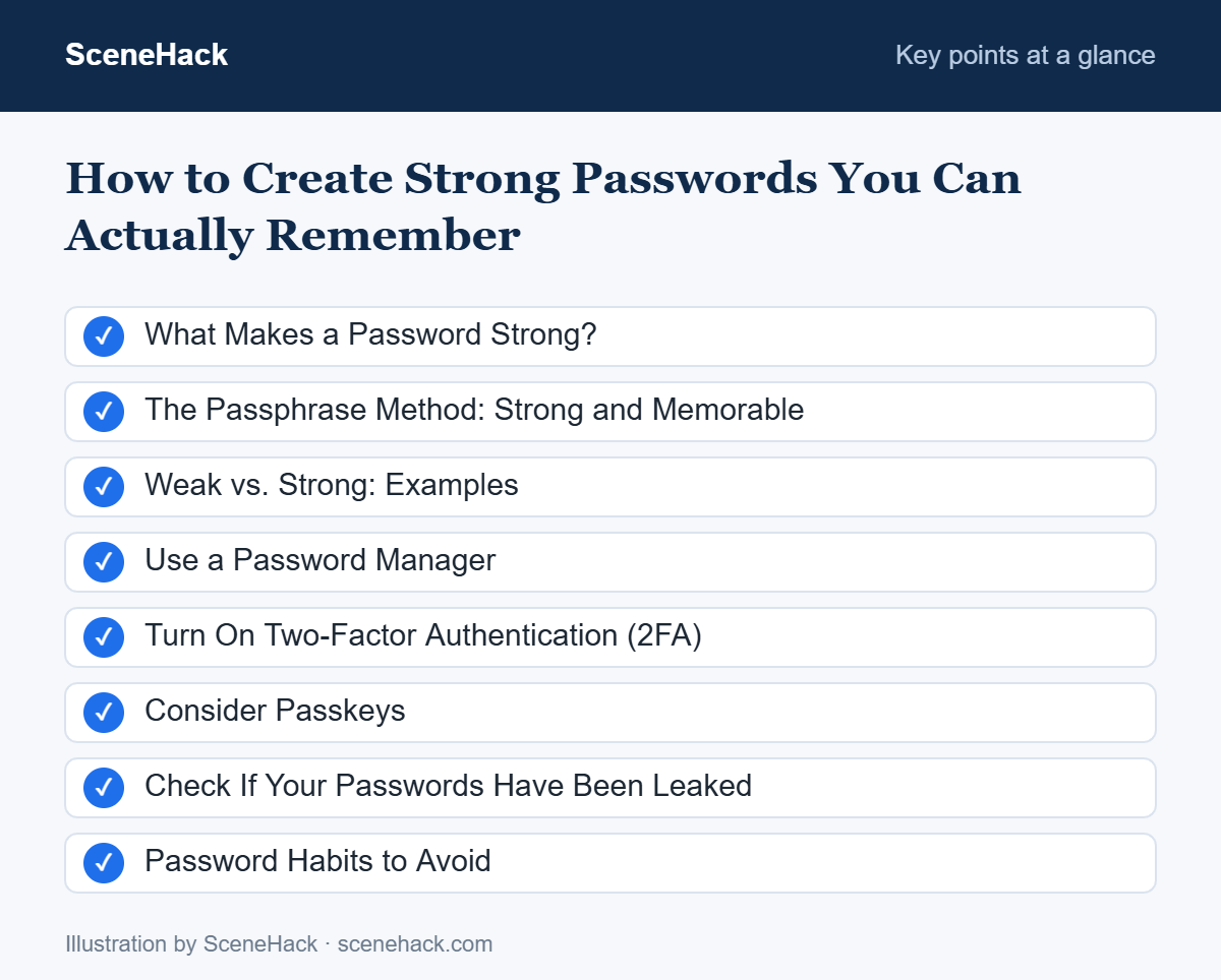 Summary of the key points covered in How to Create Strong Passwords You Can Actually Remember: What Makes a Password Strong?, The Passphrase Method: Strong and Memorable, Weak vs. Strong: Examples, Use a Password Manager and more