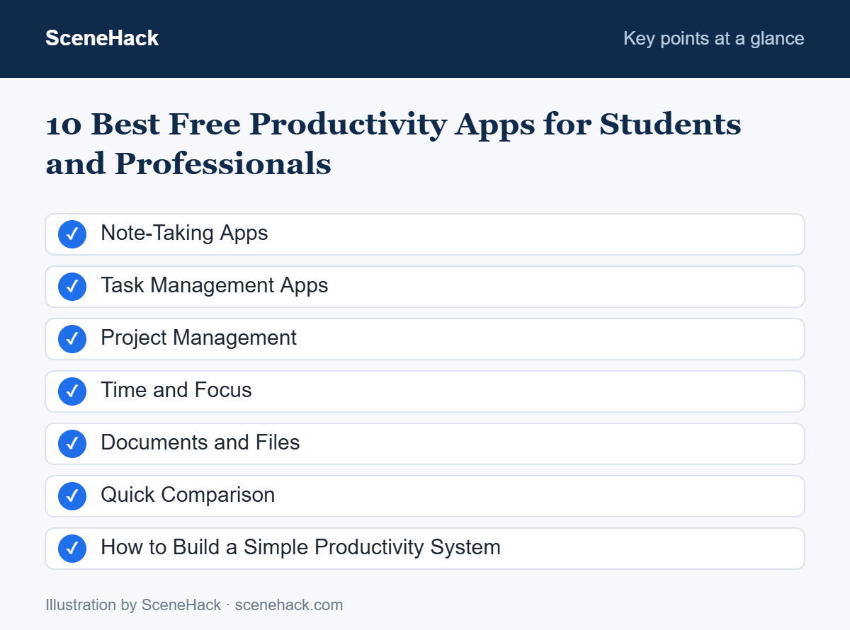 Summary of the key points covered in 10 Best Free Productivity Apps for Students and Professionals: Note-Taking Apps, Task Management Apps, Project Management, Time and Focus and more