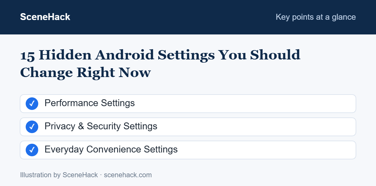 Summary of the key points covered in 15 Hidden Android Settings You Should Change Right Now: Performance Settings, Privacy & Security Settings, Everyday Convenience Settings