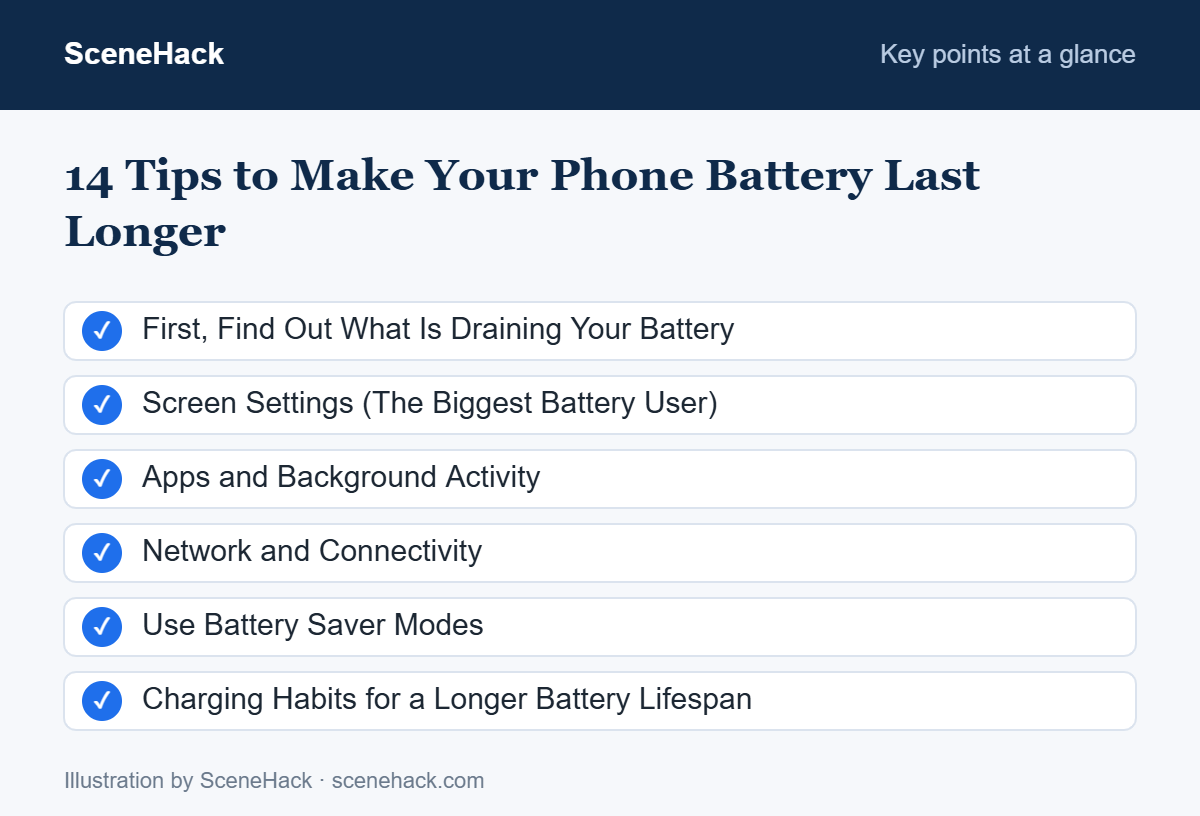 Summary of the key points covered in 14 Tips to Make Your Phone Battery Last Longer: First, Find Out What Is Draining Your Battery, Screen Settings (The Biggest Battery User), Apps and Background Activity, Network and Connectivity and more