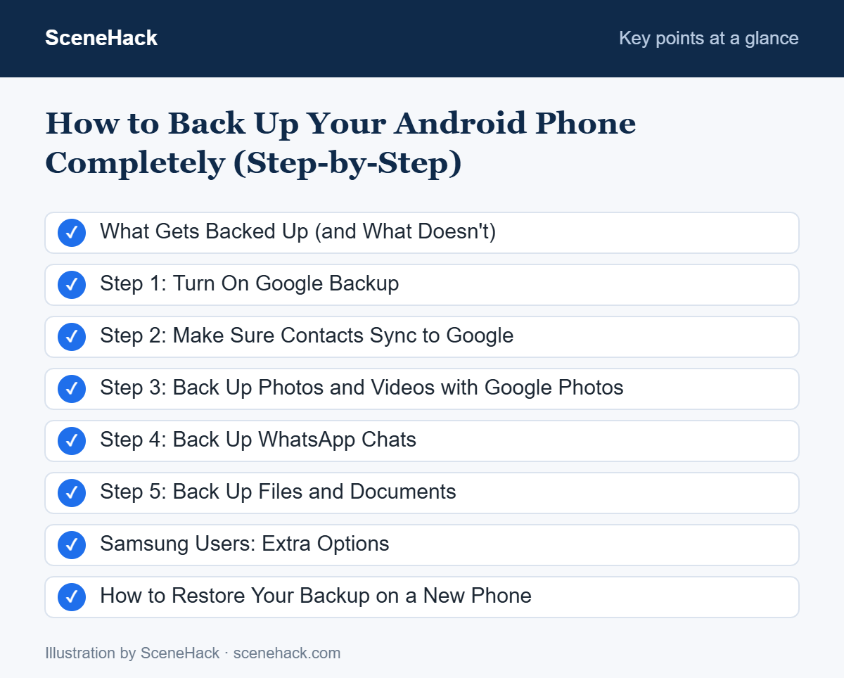 Summary of the key points covered in How to Back Up Your Android Phone Completely (Step-by-Step): What Gets Backed Up (and What Doesn't), Step 1: Turn On Google Backup, Step 2: Make Sure Contacts Sync to Google, Step 3: Back Up Photos and Videos with Google Photos and more