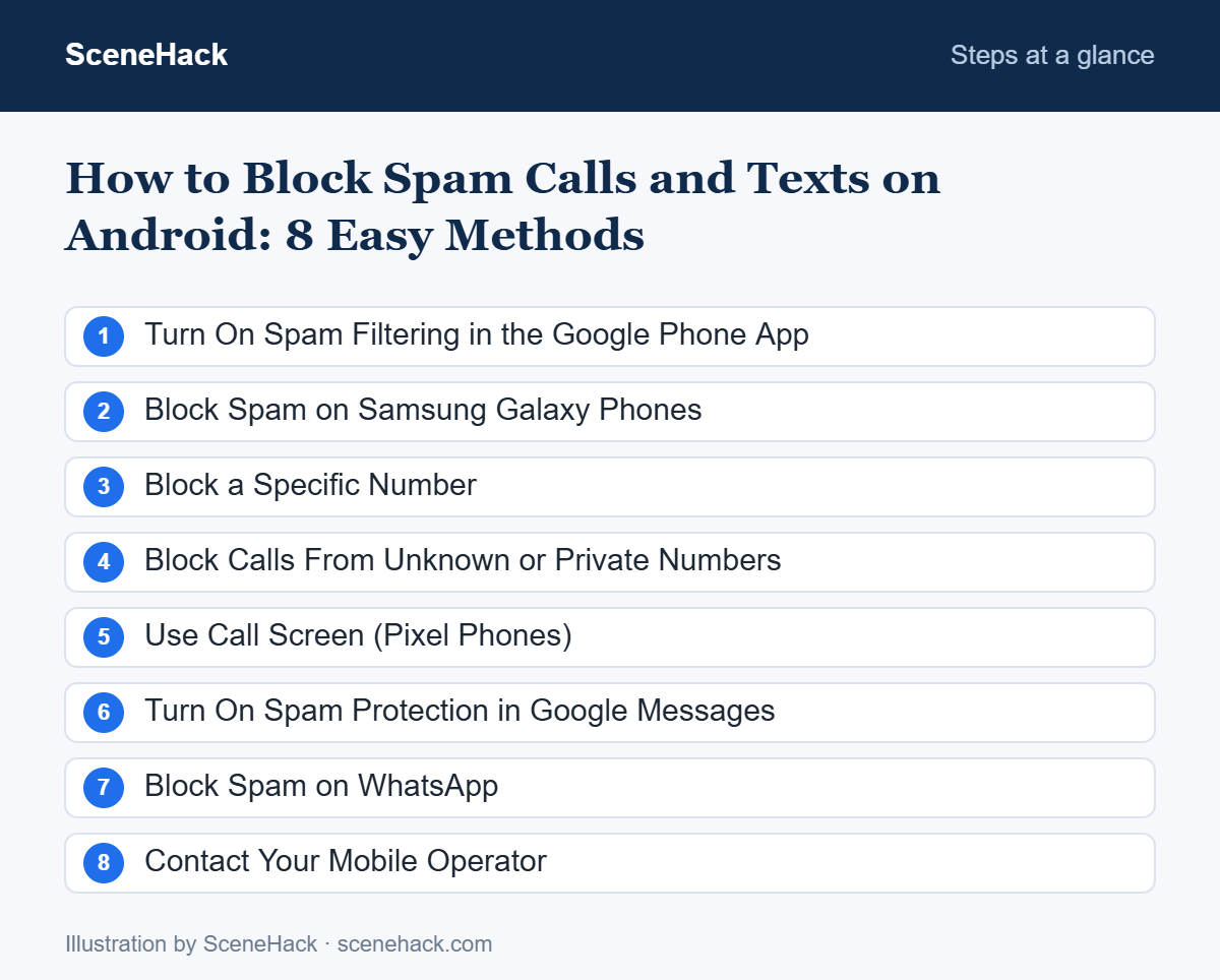 Numbered checklist of the steps covered in How to Block Spam Calls and Texts on Android: Turn On Spam Filtering in the Google Phone App, Block Spam on Samsung Galaxy Phones, Block a Specific Number, Block Calls From Unknown or Private Numbers and more