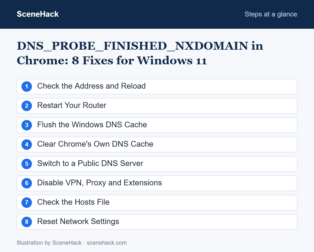 Numbered checklist of the steps covered in DNS_PROBE_FINISHED_NXDOMAIN in Chrome: Check the Address and Reload, Restart Your Router, Flush the Windows DNS Cache, Clear Chrome's Own DNS Cache and more