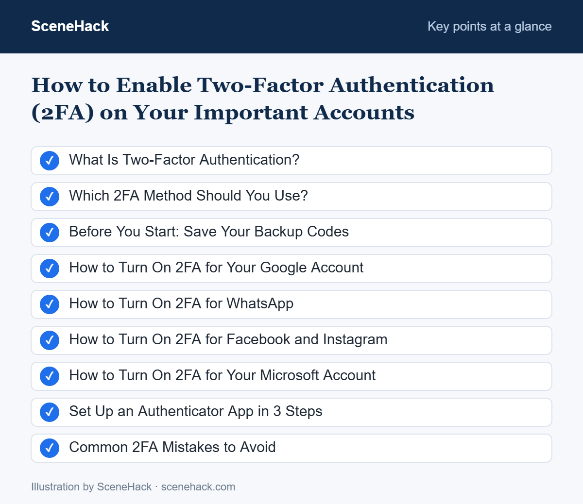 Summary of the key points covered in How to Enable Two-Factor Authentication (2FA) on Your Important Accounts: What Is Two-Factor Authentication?, Which 2FA Method Should You Use?, Before You Start: Save Your Backup Codes, How to Turn On 2FA for Your Google Account and more