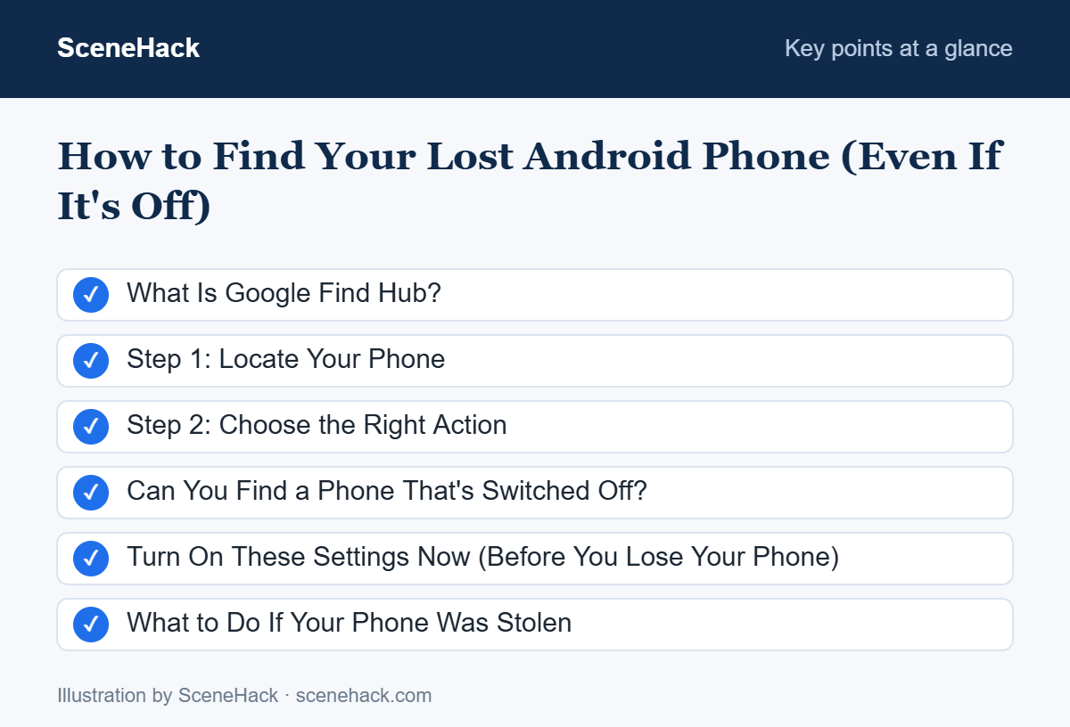 Summary of the key points covered in How to Find Your Lost Android Phone (Even If It's Off): What Is Google Find Hub?, Step 1: Locate Your Phone, Step 2: Choose the Right Action, Can You Find a Phone That's Switched Off? and more