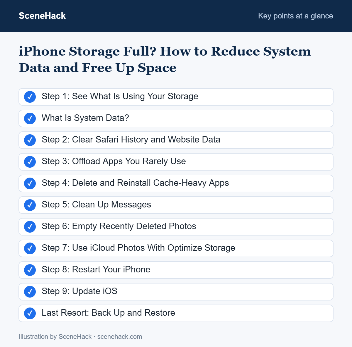 Summary of the key points covered in iPhone Storage Full: Step 1: See What Is Using Your Storage, What Is System Data?, Step 2: Clear Safari History and Website Data, Step 3: Offload Apps You Rarely Use and more