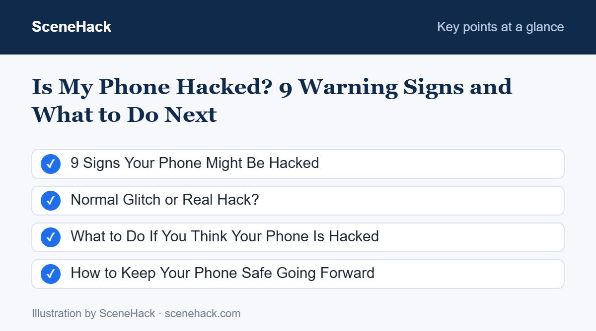 Summary of the key points covered in Is My Phone Hacked: 9 Signs Your Phone Might Be Hacked, Normal Glitch or Real Hack?, What to Do If You Think Your Phone Is Hacked, How to Keep Your Phone Safe Going Forward