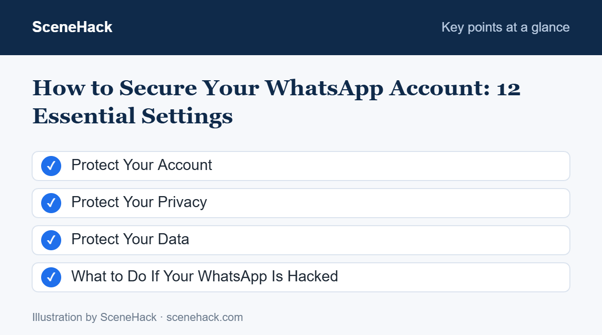 Summary of the key points covered in How to Secure Your WhatsApp Account: Protect Your Account, Protect Your Privacy, Protect Your Data, What to Do If Your WhatsApp Is Hacked