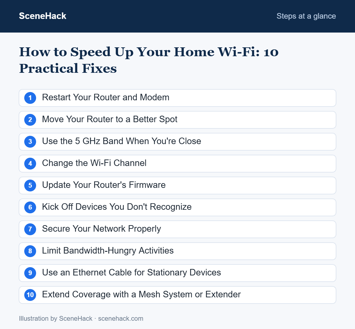 Numbered checklist of the steps covered in How to Speed Up Your Home Wi-Fi: Restart Your Router and Modem, Move Your Router to a Better Spot, Use the 5 GHz Band When You're Close, Change the Wi-Fi Channel and more