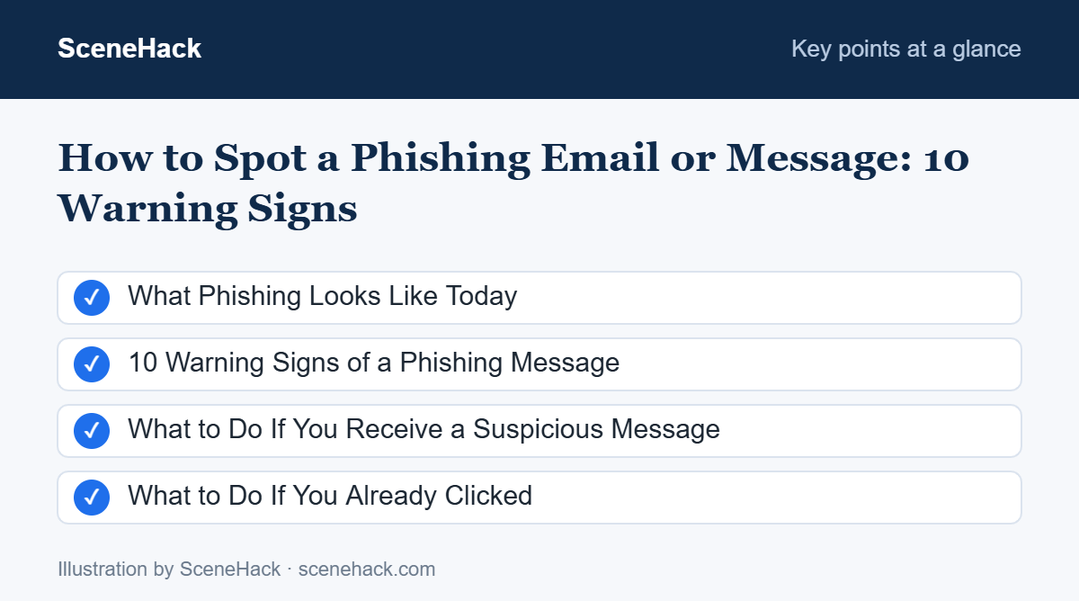 Summary of the key points covered in How to Spot a Phishing Email or Message: What Phishing Looks Like Today, 10 Warning Signs of a Phishing Message, What to Do If You Receive a Suspicious Message, What to Do If You Already Clicked