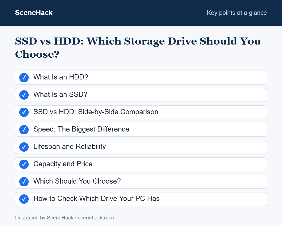Summary of the key points covered in SSD vs HDD: What Is an HDD?, What Is an SSD?, SSD vs HDD: Side-by-Side Comparison, Speed: The Biggest Difference and more
