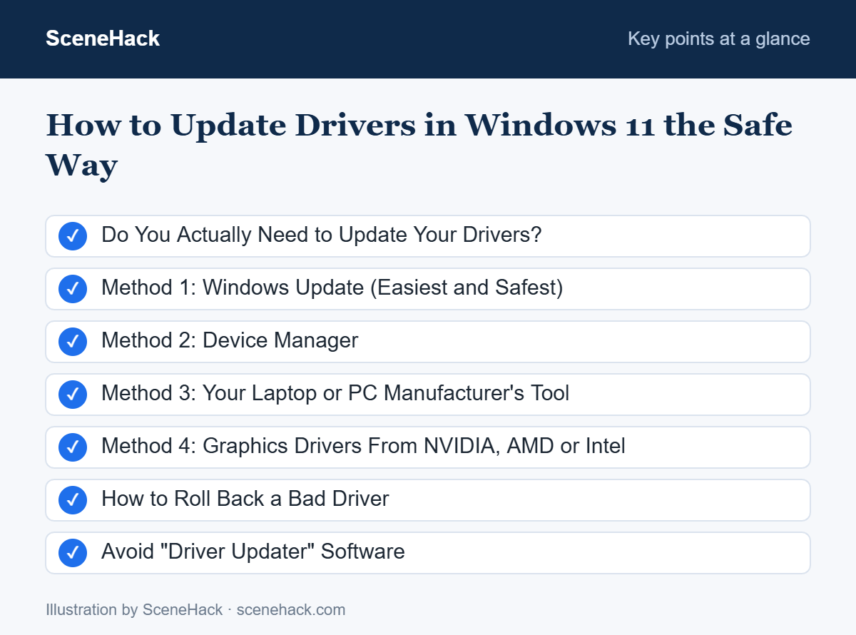 Summary of the key points covered in How to Update Drivers in Windows 11 the Safe Way: Do You Actually Need to Update Your Drivers?, Method 1: Windows Update (Easiest and Safest), Method 2: Device Manager, Method 3: Your Laptop or PC Manufacturer's Tool and more