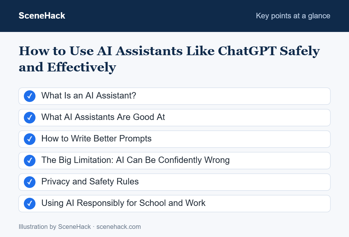 Summary of the key points covered in How to Use AI Assistants Like ChatGPT Safely and Effectively: What Is an AI Assistant?, What AI Assistants Are Good At, How to Write Better Prompts, The Big Limitation: AI Can Be Confidently Wrong and more