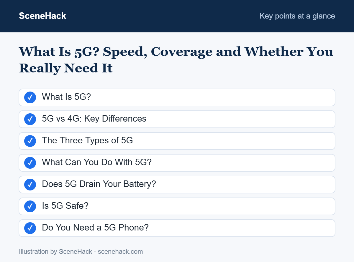 Summary of the key points covered in What Is 5G: What Is 5G?, 5G vs 4G: Key Differences, The Three Types of 5G, What Can You Do With 5G? and more