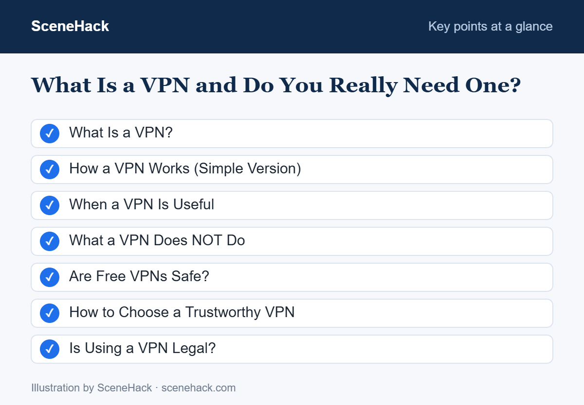 Summary of the key points covered in What Is a VPN and Do You Really Need One: What Is a VPN?, How a VPN Works (Simple Version), When a VPN Is Useful, What a VPN Does NOT Do and more