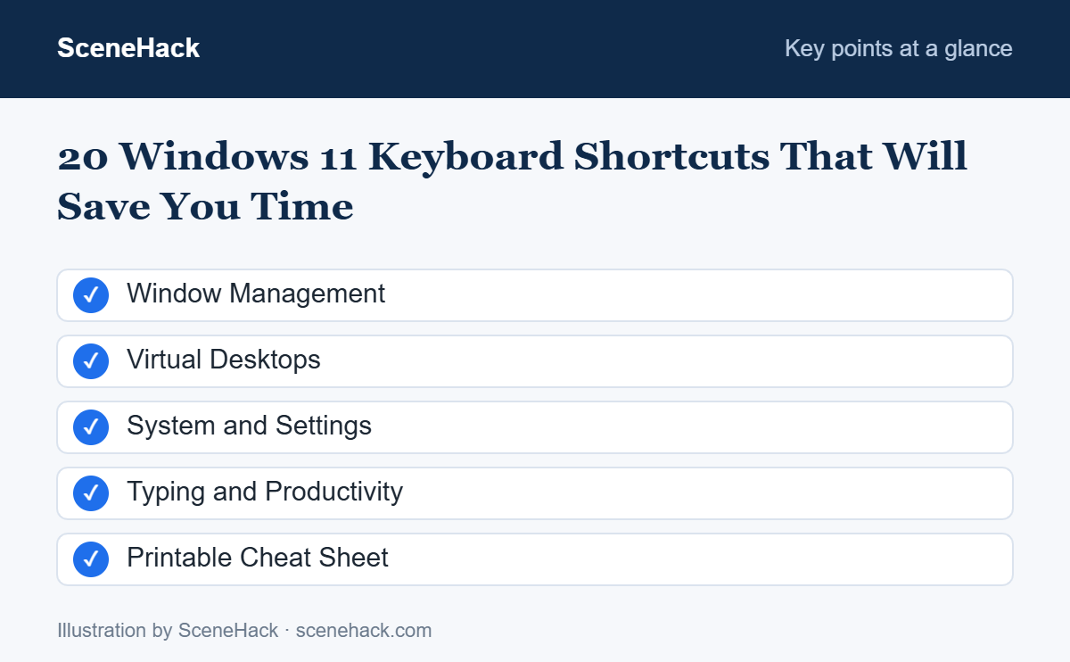 Summary of the key points covered in 20 Windows 11 Keyboard Shortcuts That Will Save You Time: Window Management, Virtual Desktops, System and Settings, Typing and Productivity and more