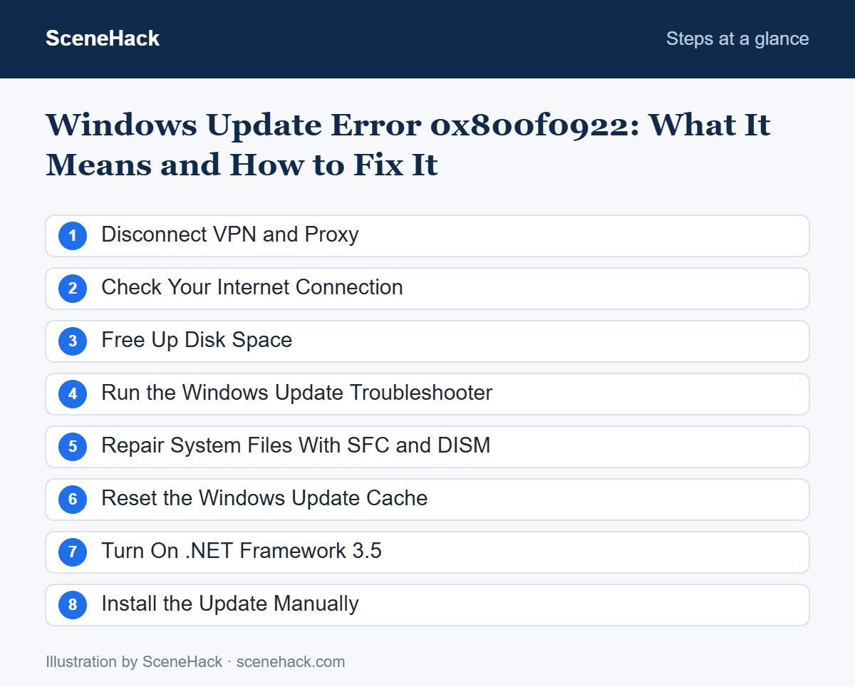 Numbered checklist of the steps covered in Windows Update Error 0x800f0922: Disconnect VPN and Proxy, Check Your Internet Connection, Free Up Disk Space, Run the Windows Update Troubleshooter and more
