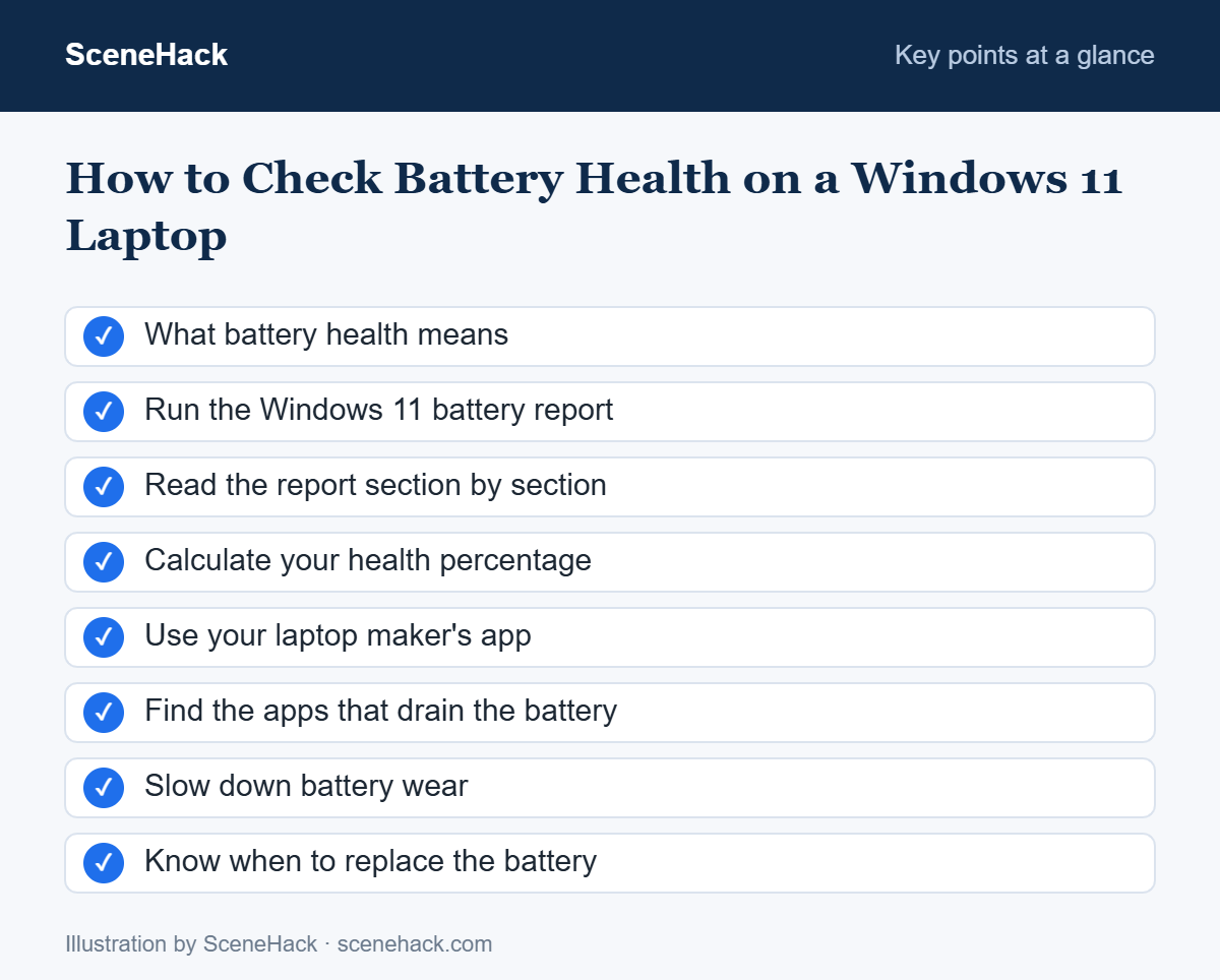 Summary of how to check battery health on a Windows 11 laptop: run the battery report, read it, calculate the health percentage and slow down battery wear