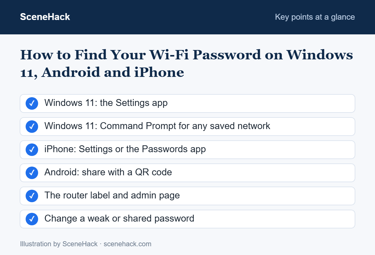 Summary of how to find Wi-Fi password details on Windows 11 Settings, Command Prompt, iPhone, Android QR code and the router label