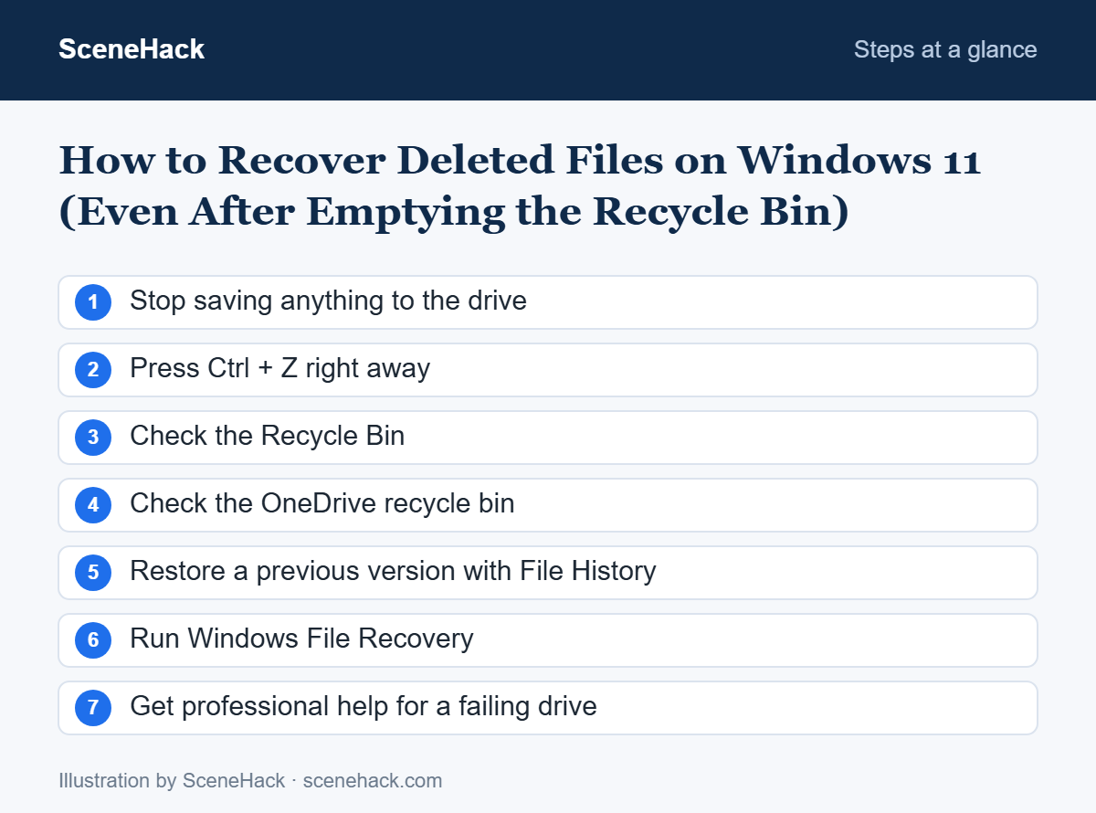 Steps to recover deleted files on Windows 11, in order: stop using the drive, Undo, Recycle Bin, OneDrive recycle bin, File History, Windows File Recovery