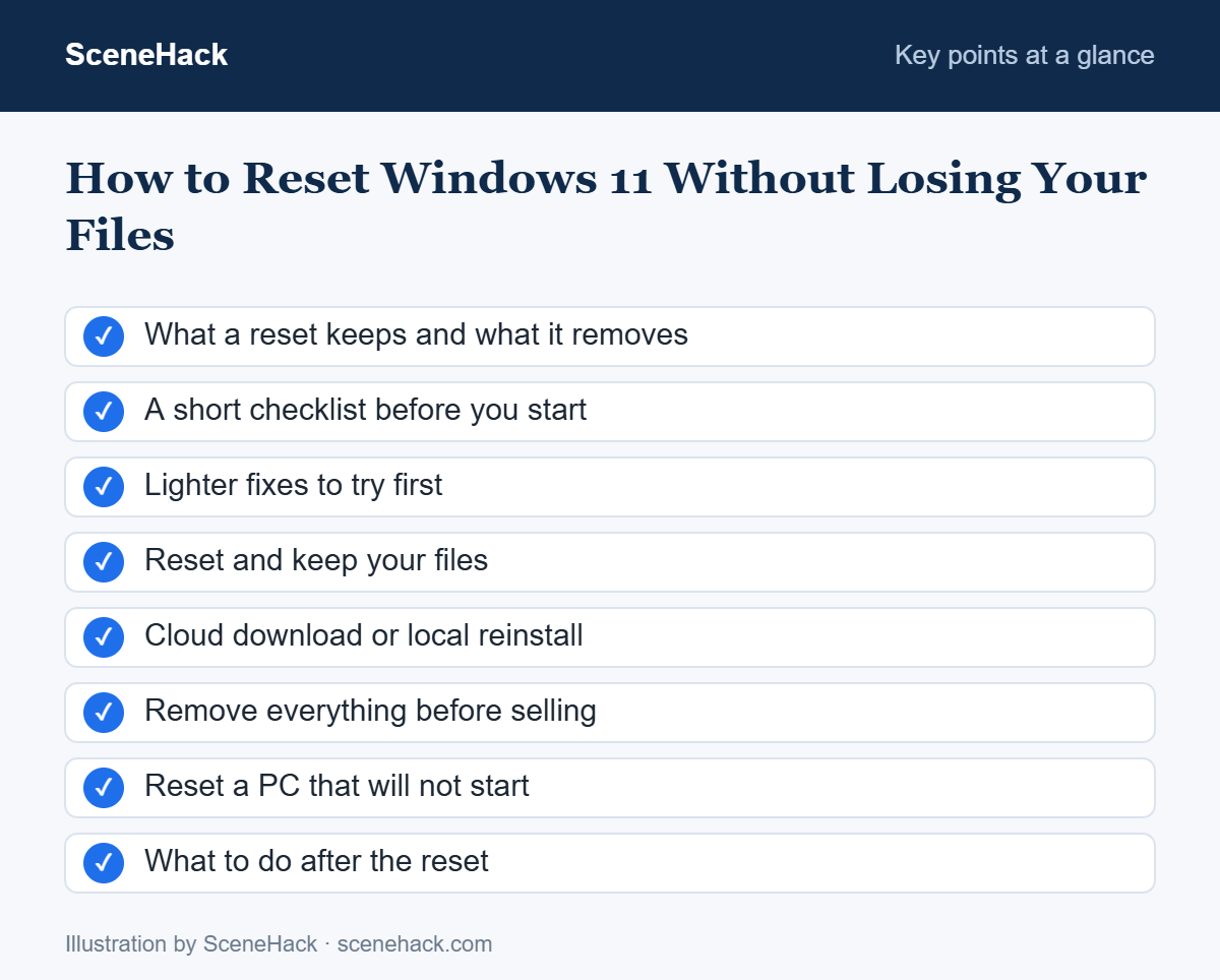 Summary of how to reset Windows 11: what a reset removes, the checklist before you start, Keep my files, Remove everything and resetting a PC that will not start