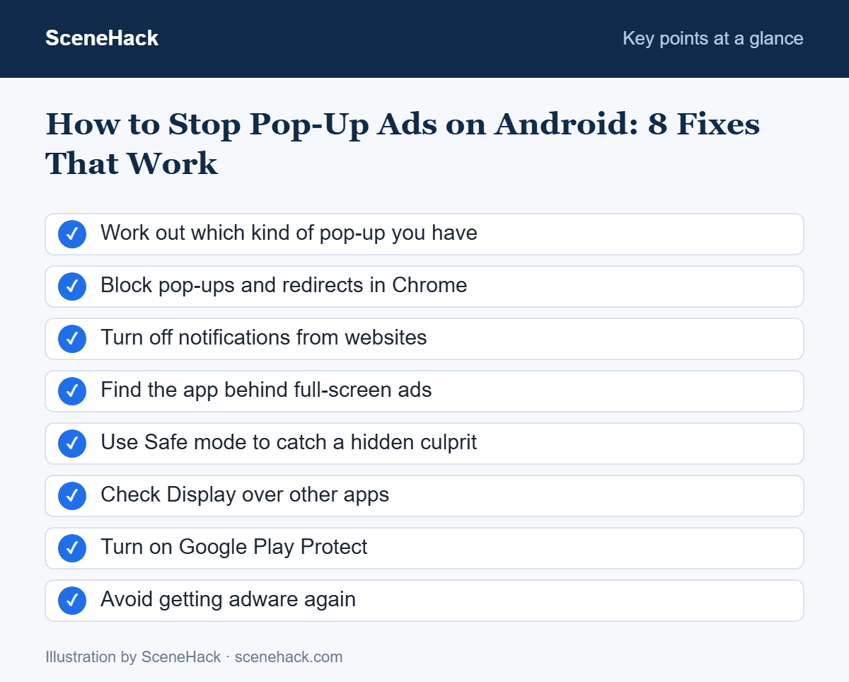 Summary of how to stop pop-up ads on Android: identify the ad type, block Chrome pop-ups and site notifications, find the adware app in Safe mode, Play Protect and app permissions
