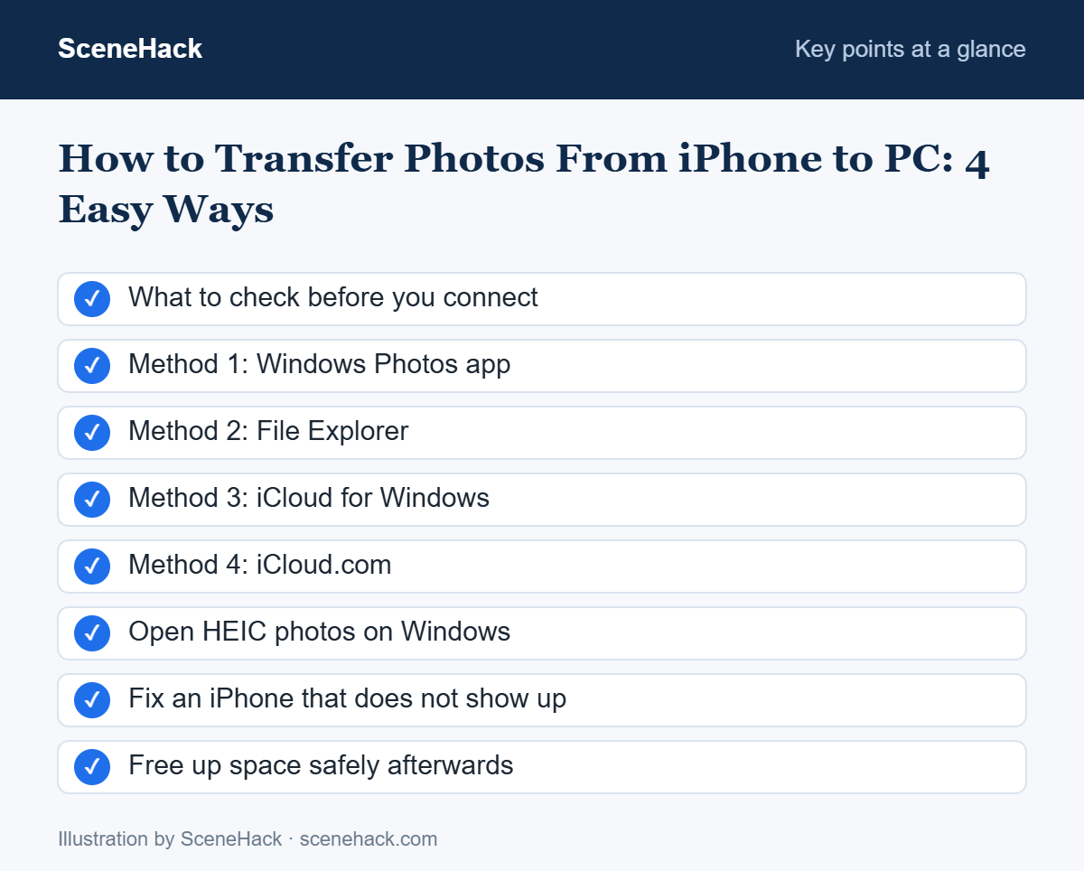 Summary of four ways to transfer photos from iPhone to PC: Windows Photos app, File Explorer, iCloud for Windows and iCloud.com, plus HEIC and connection fixes